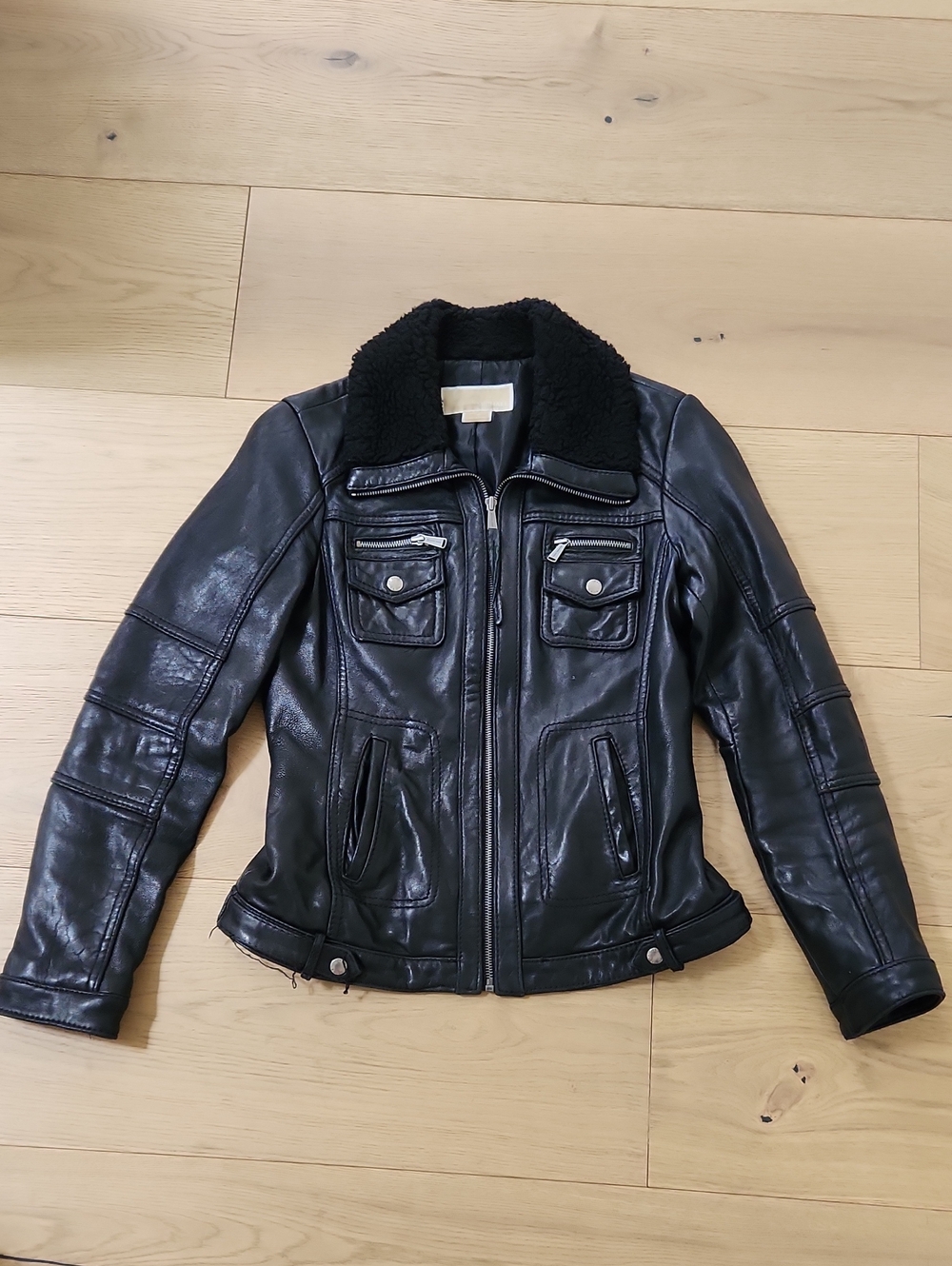 Michaels Black Leather Jacket with Faux Shearling Collar